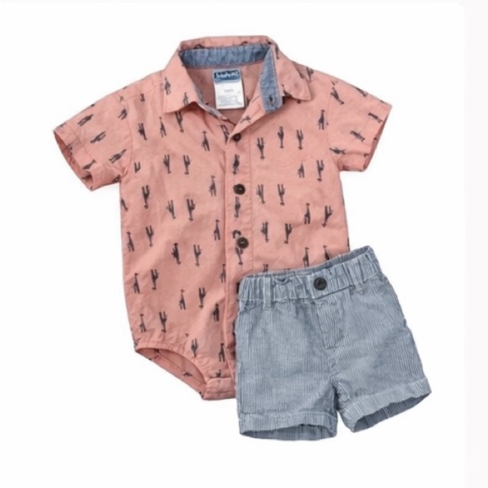 Baby Boy Giraffe Button-Up Shirt & Striped Shorts Set 6–9M | Summer Outfit